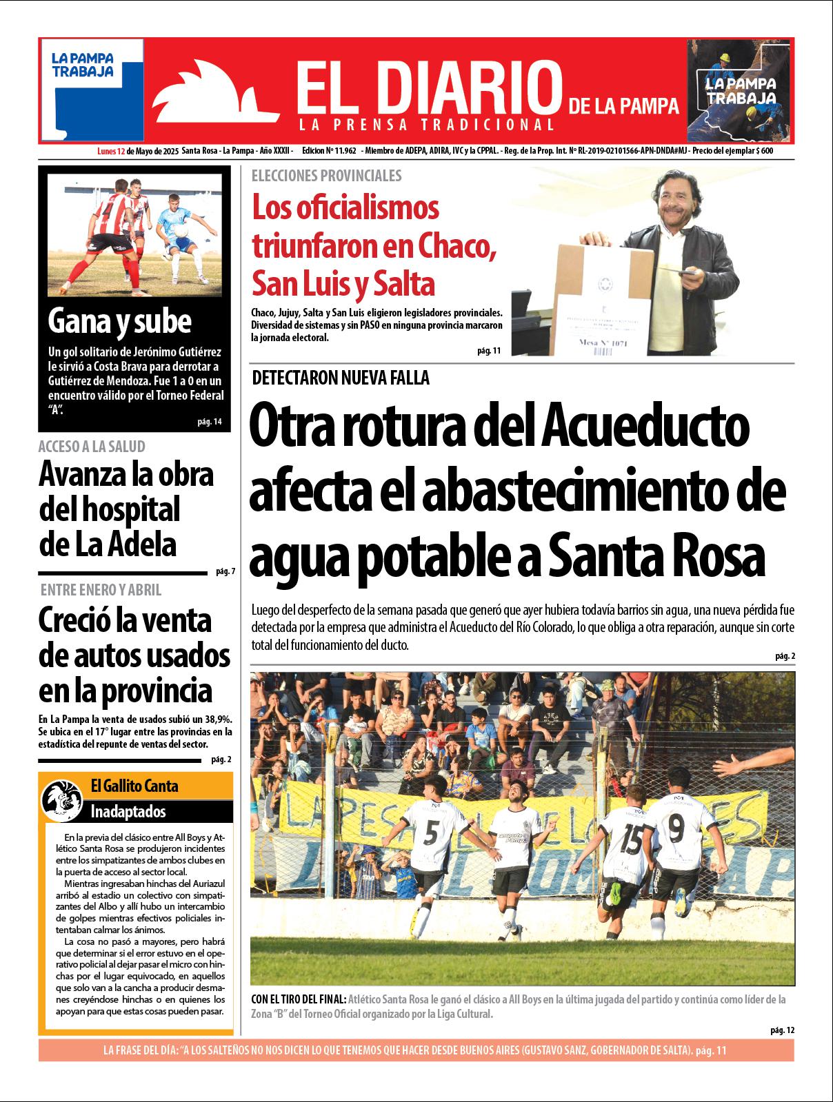 Tapa de El Diario en papel  lunes 12 de mayo de 2025
